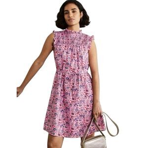 BODEN Size 6 R Floral Sleeveless Smocked Mini Dress ruffles Pink Spring summer